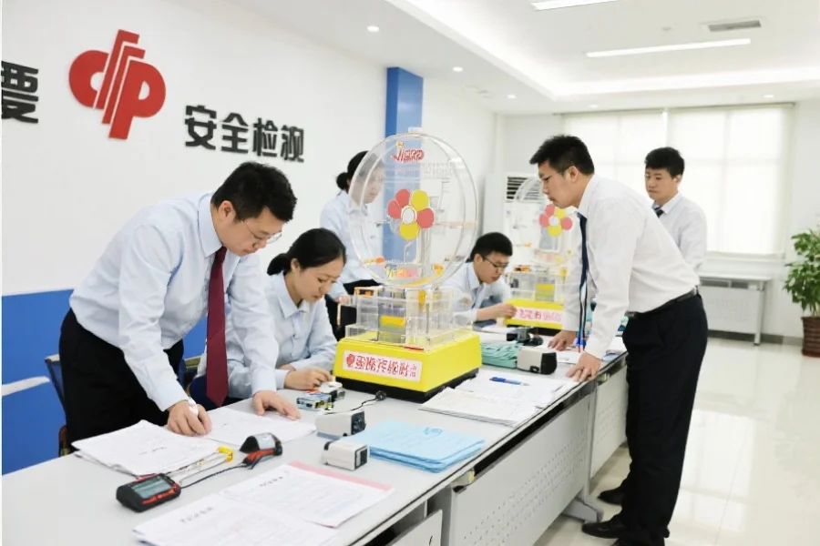 一组工作人员正在对彩票开奖设备做安全检测和数据校验，桌上摆放着检测仪器和报告文件，环境明亮整洁